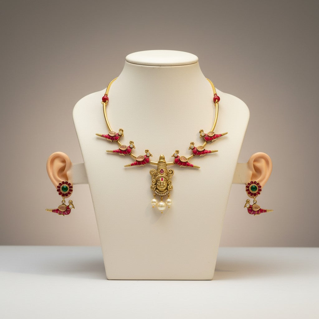 Temple Jewellery Necklace Set with Goddess Pendant & Bird Motif Earrings