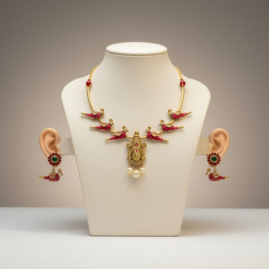 Temple Jewellery Necklace Set with Goddess Pendant & Bird Motif Earrings