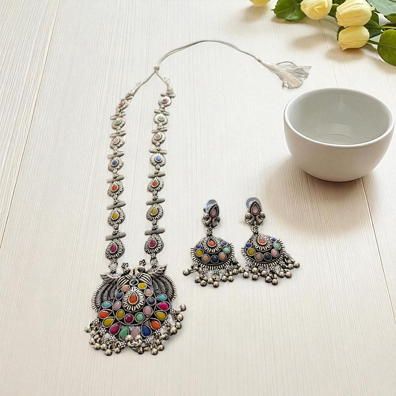 Multicolour Oxidised Peacock Necklace Set with Earrings