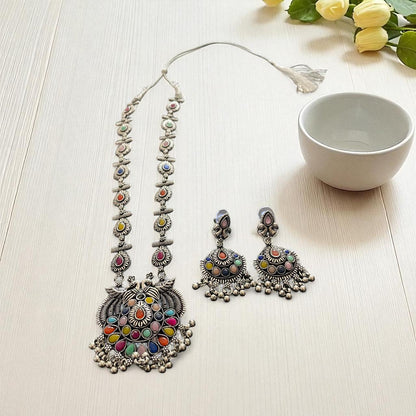 Multicolour Oxidised Peacock Necklace Set with Earrings