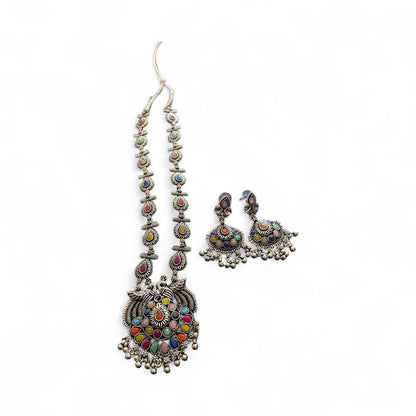 Multicolour Oxidised Peacock Necklace Set with Earrings