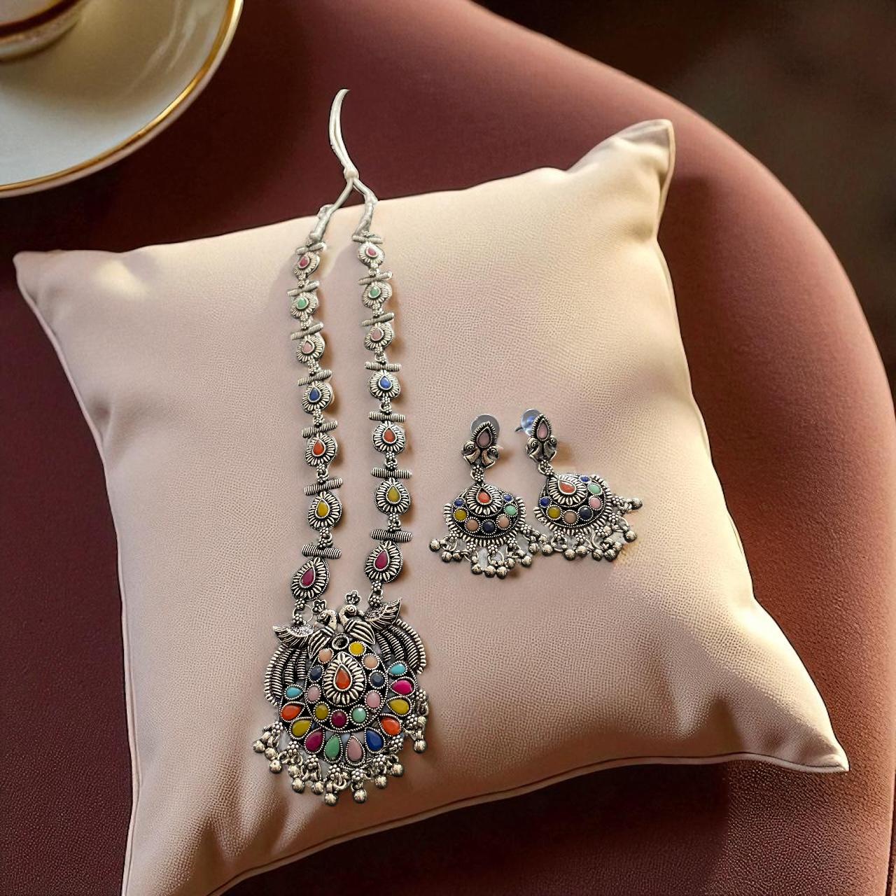 Multicolour Oxidised Peacock Necklace Set with Earrings