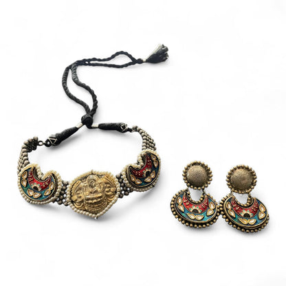 Antique Lakshmi Motif Choker Necklace Set with Earrings