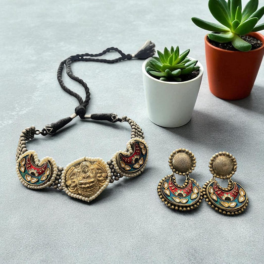 Antique Lakshmi Motif Choker Necklace Set with Earrings