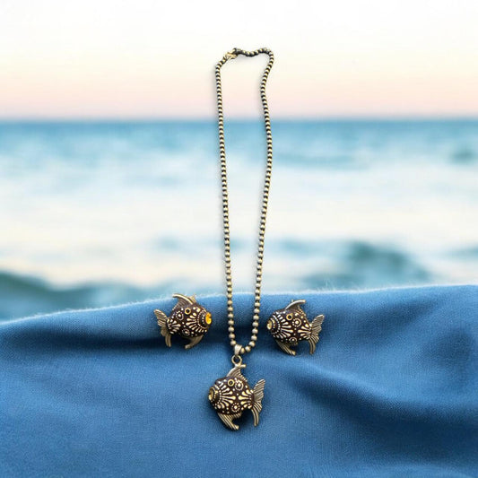 Antique Oxidised Fish Motif Necklace Set