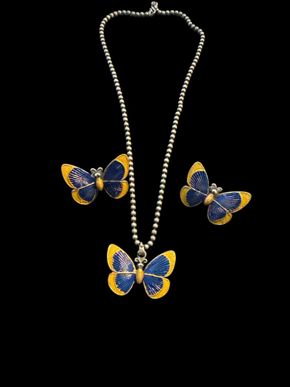 Blue & Yellow Butterfly Pendant Necklace Set with Earrings
