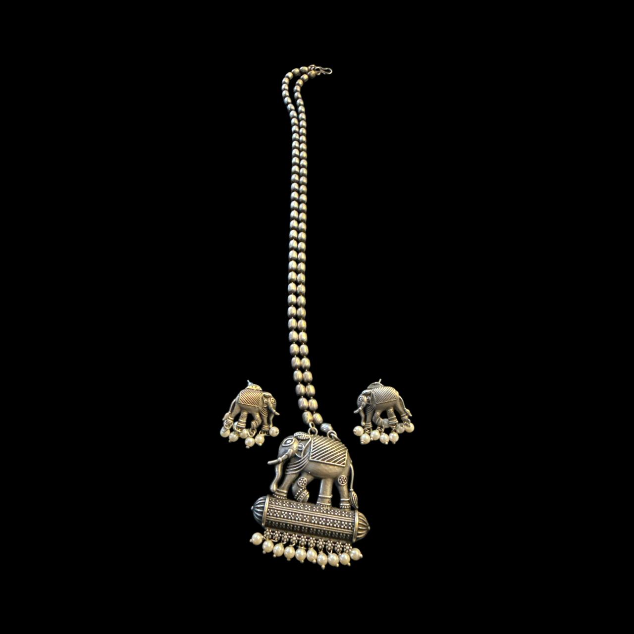 Oxidised Elephant Motif Necklace Set with Earrings