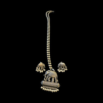 Oxidised Elephant Motif Necklace Set with Earrings