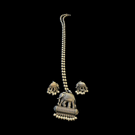 Oxidised Elephant Motif Necklace Set with Earrings