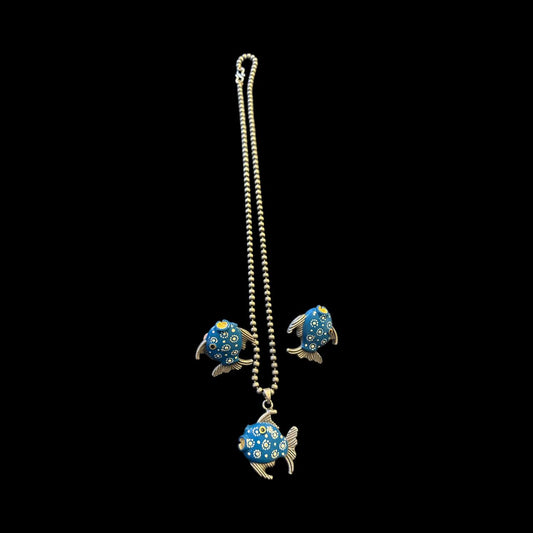 Blue Fish Motif Necklace Set with Earrings
