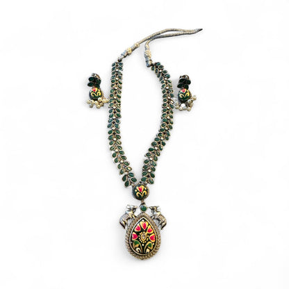 Green Enamel Elephant Motif Necklace Set with Earrings