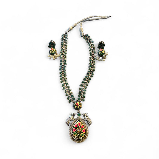 Green Enamel Elephant Motif Necklace Set with Earrings