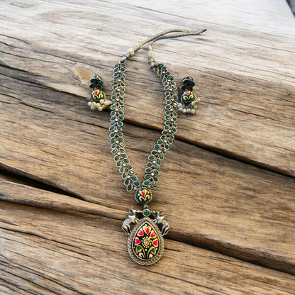 Green Enamel Elephant Motif Necklace Set with Earrings
