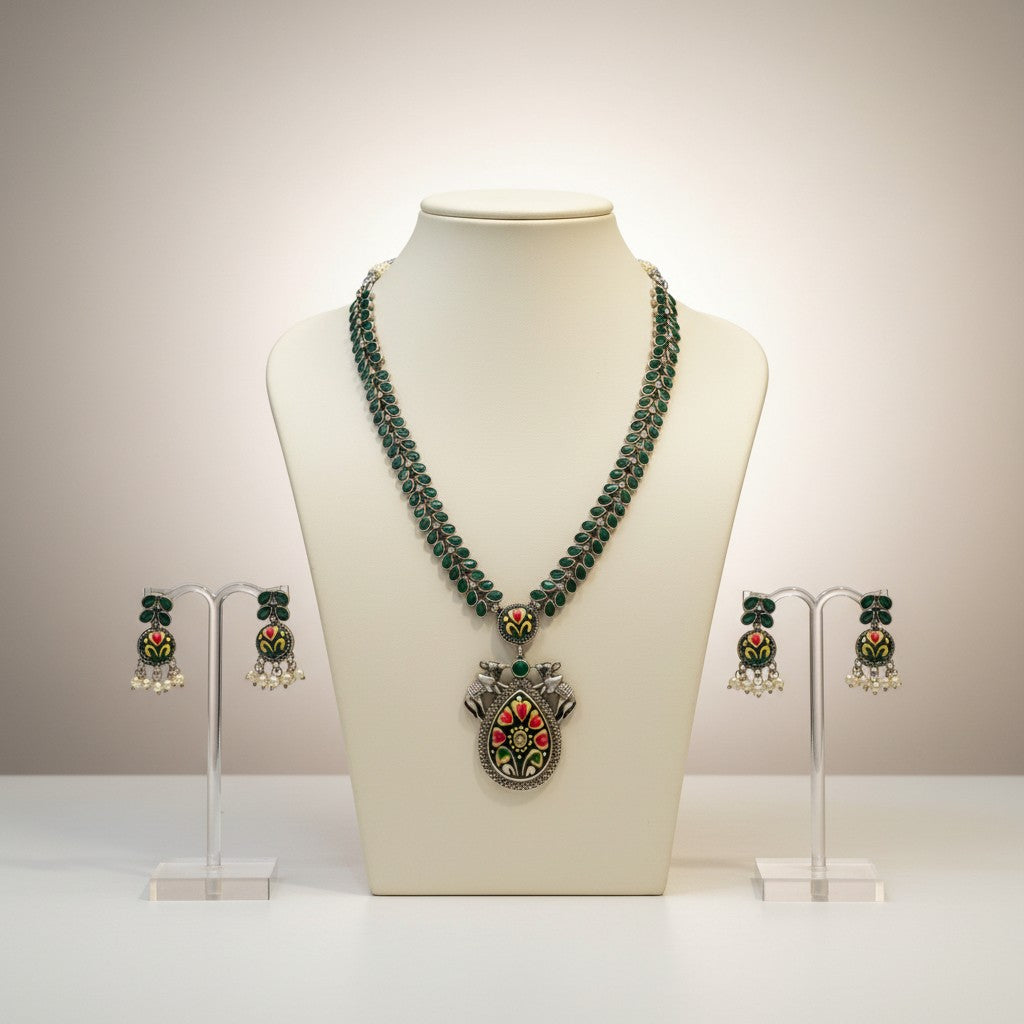 Green Enamel Elephant Motif Oxidised Necklace Set with Earrings