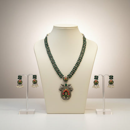 Green Enamel Elephant Motif Oxidised Necklace Set with Earrings