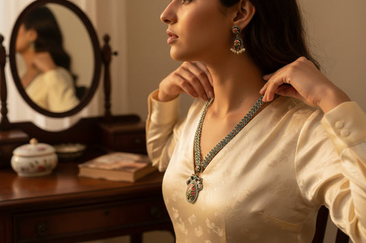 Green Enamel Elephant Motif Oxidised Necklace Set with Earrings