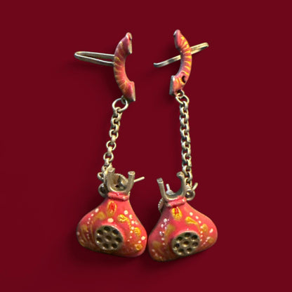 Red Potli Enamel Drop Earrings