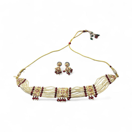 Red Stone & Pearl Beaded Kundan Choker with Earrings