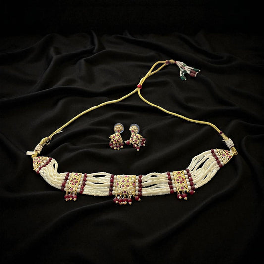 Red Stone & Pearl Beaded Kundan Choker with Earrings