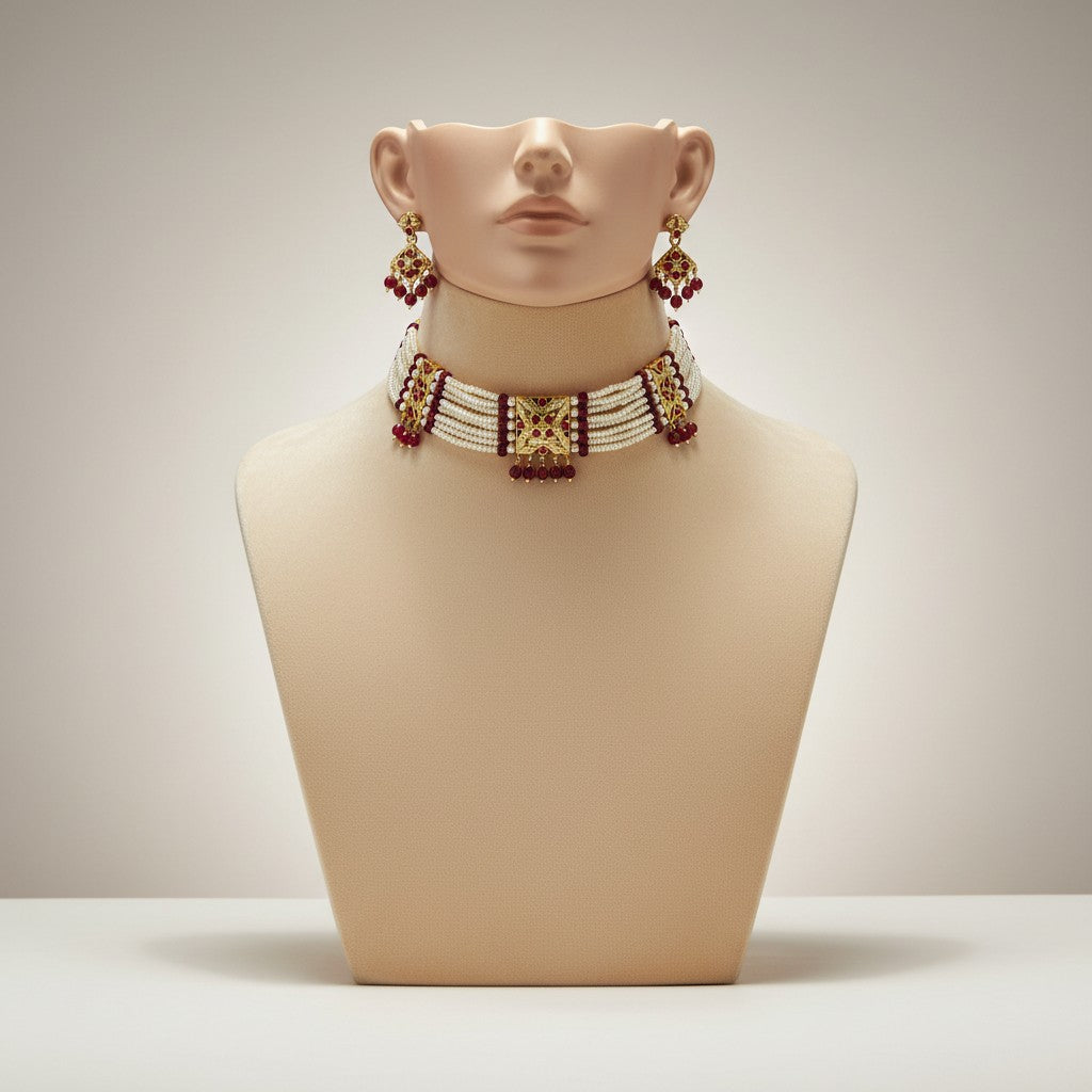 Red Stone & Pearl Beaded Kundan Choker Set with Matching Earrings
