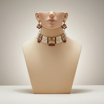 Red Stone & Pearl Beaded Kundan Choker Set with Matching Earrings