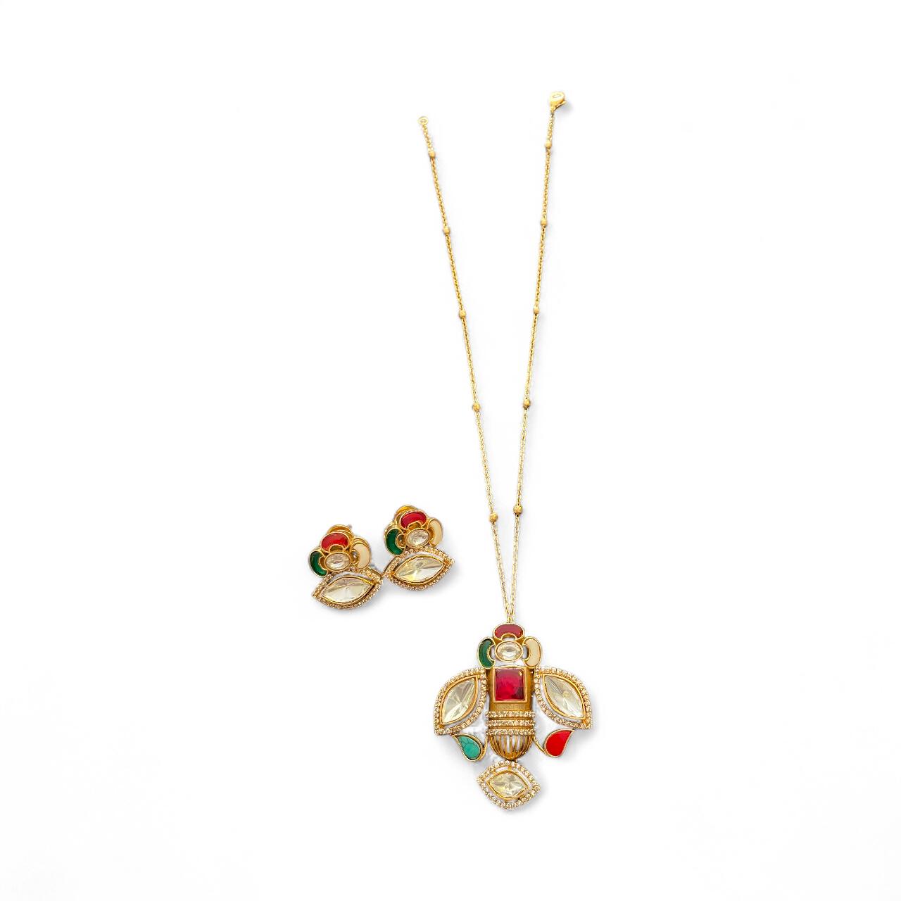 Multicolour Kundan Pendant Necklace with Earrings