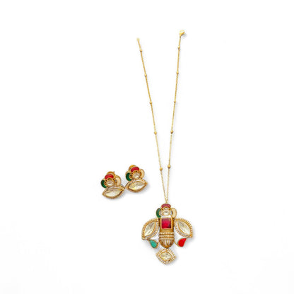 Multicolour Kundan Pendant Necklace with Earrings