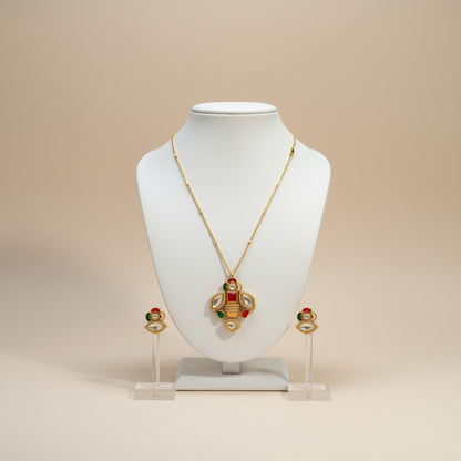 Multicolour Kundan Pendant Long Necklace with Matching Stud Earrings