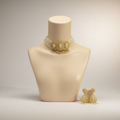 Regal Pearl Dome Choker Set with Filigree Detail & Jhumka Earrings