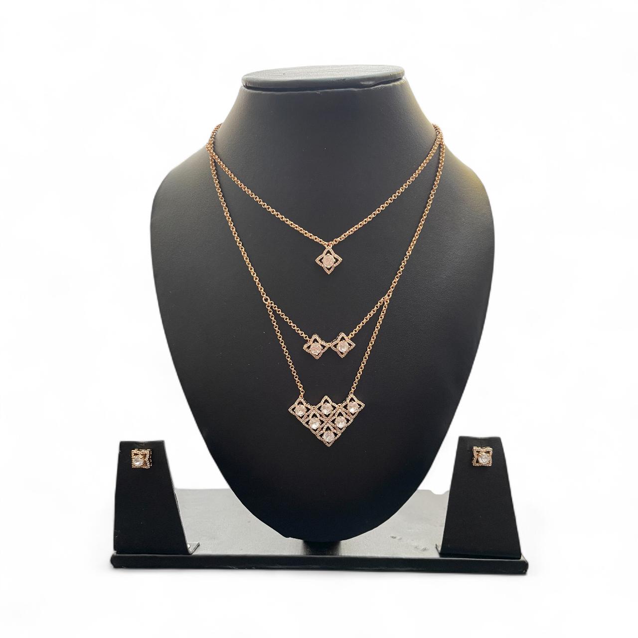 Triple Layered Geometric Necklace with Stud Earrings