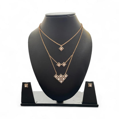 Triple Layered Geometric Necklace with Stud Earrings