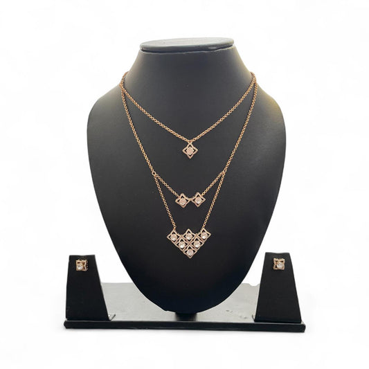 Triple Layered Geometric Necklace with Stud Earrings