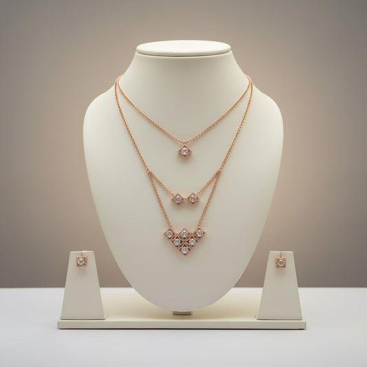 Triple-Layered Geometric Necklace Set with Square Stud Earrings
