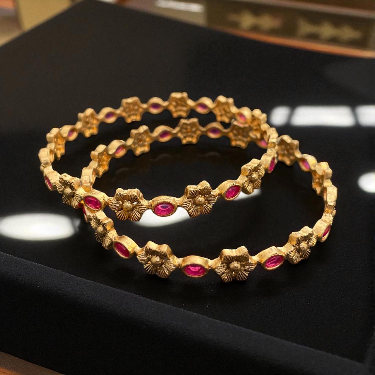 Floral Gold-Tone Bangles with Pink Stone Accents (Set of 2)