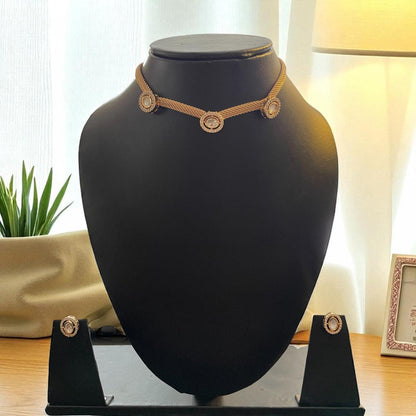 Gold Mesh Choker Necklace with Stone Studded Earrings