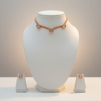 Gold Mesh Choker Necklace Set with Stone-Studded Stud Earrings