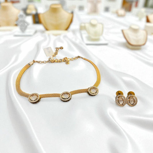 Gold Mesh Choker Necklace with Stone Studded Earrings