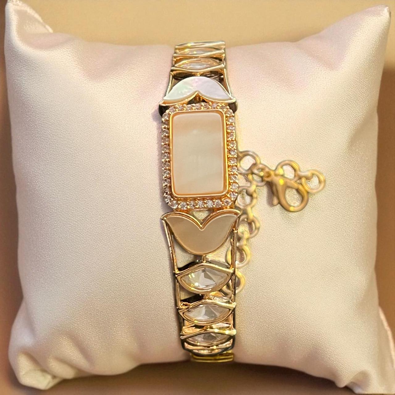 Gold-Plated Designer Bracelet with Enamel & Stone Detailing