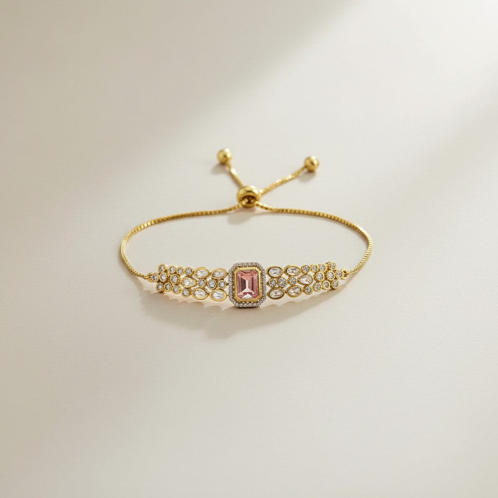 Kundan Adjustable Bracelet with Pink Stone Centrepiece