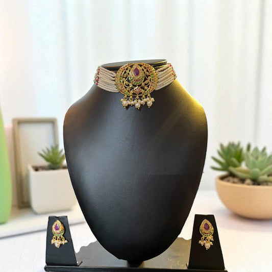Royal Pearl & Kundan Choker with Multicolour Stones and Earrings