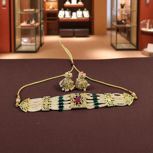 Regal Multi-Strand Kundan Choker with Ruby Center & Statement Earrings