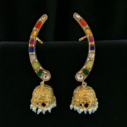 Navratna Hoop Jhumka Earrings with Pearl Drops