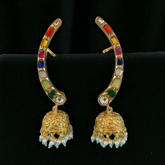 Navratna Hoop Jhumka Earrings with Pearl Drops