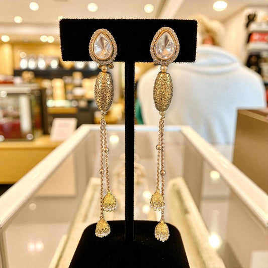 Teardrop Stone Long Dangler Earrings with Dual Chains