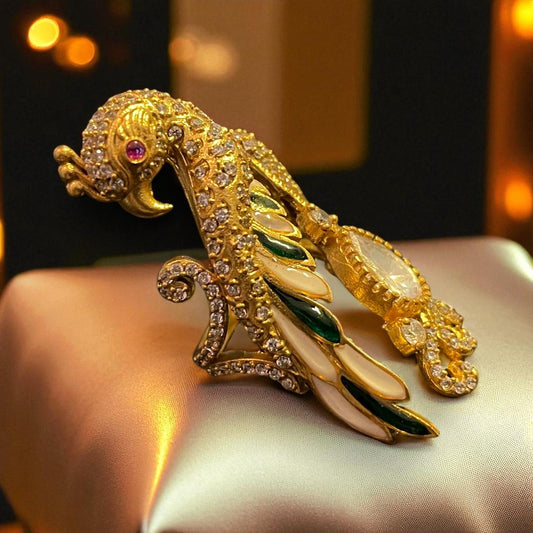 Majestic Peacock Statement Ring with Kundan & Enamel Detailing