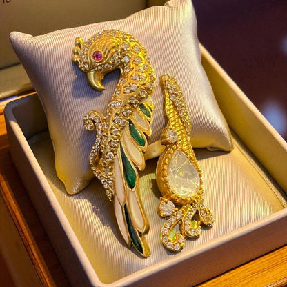 Majestic Peacock Statement Ring with Kundan & Enamel Detailing