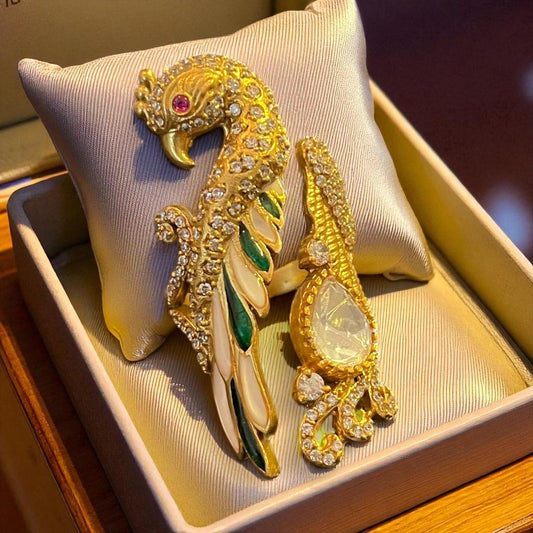Majestic Peacock Statement Ring with Kundan & Enamel Detailing