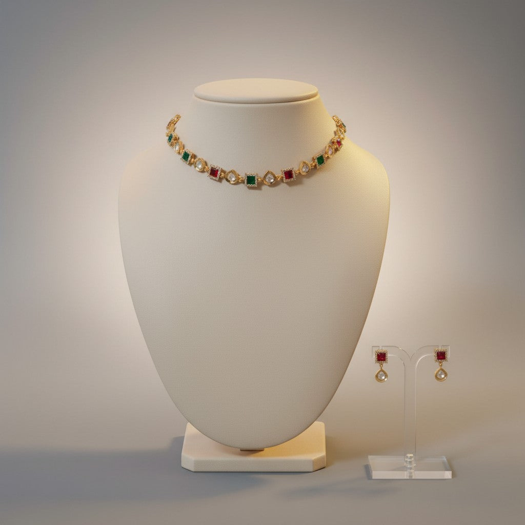 Multicolour Stone Choker Necklace Set with Kundan-Style Pear Drops