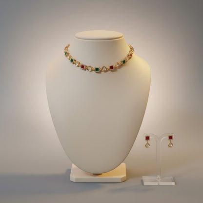 Multicolour Stone Choker Necklace Set with Kundan-Style Pear Drops