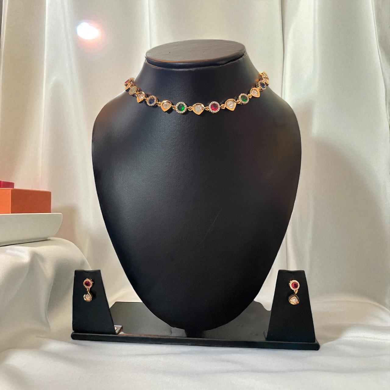 Multicolour Kundan Choker Necklace Set with Earrings